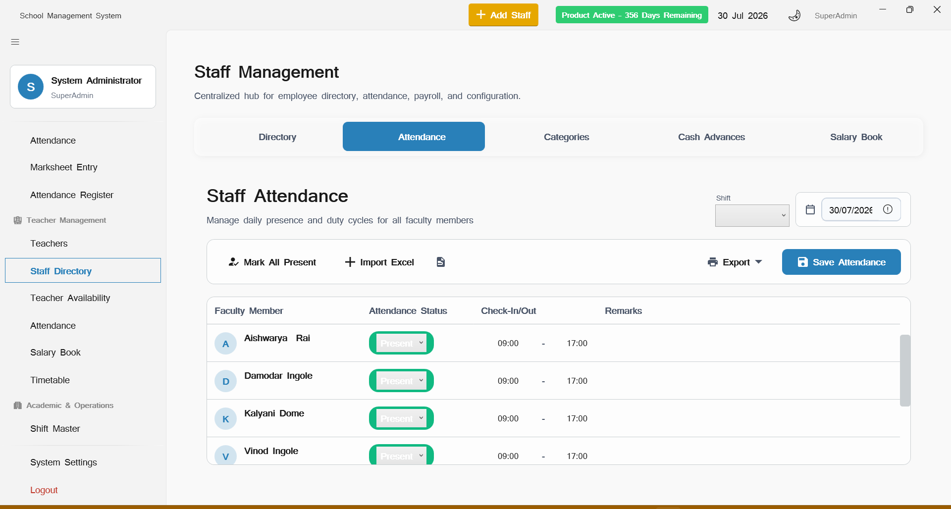 Staff Attendance Register